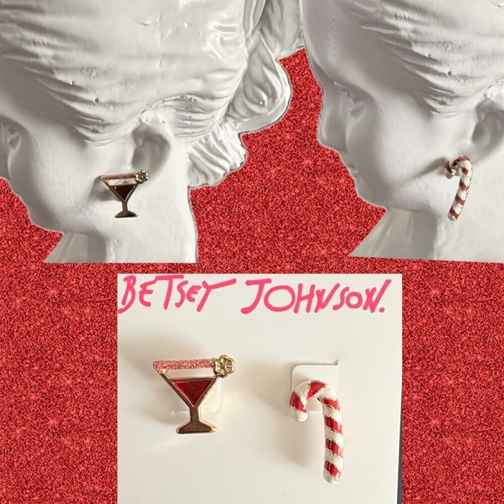 Betsey Johnson Gold-Tone Holiday Cocktail & Candy Cane Mismatched Stud Earrings